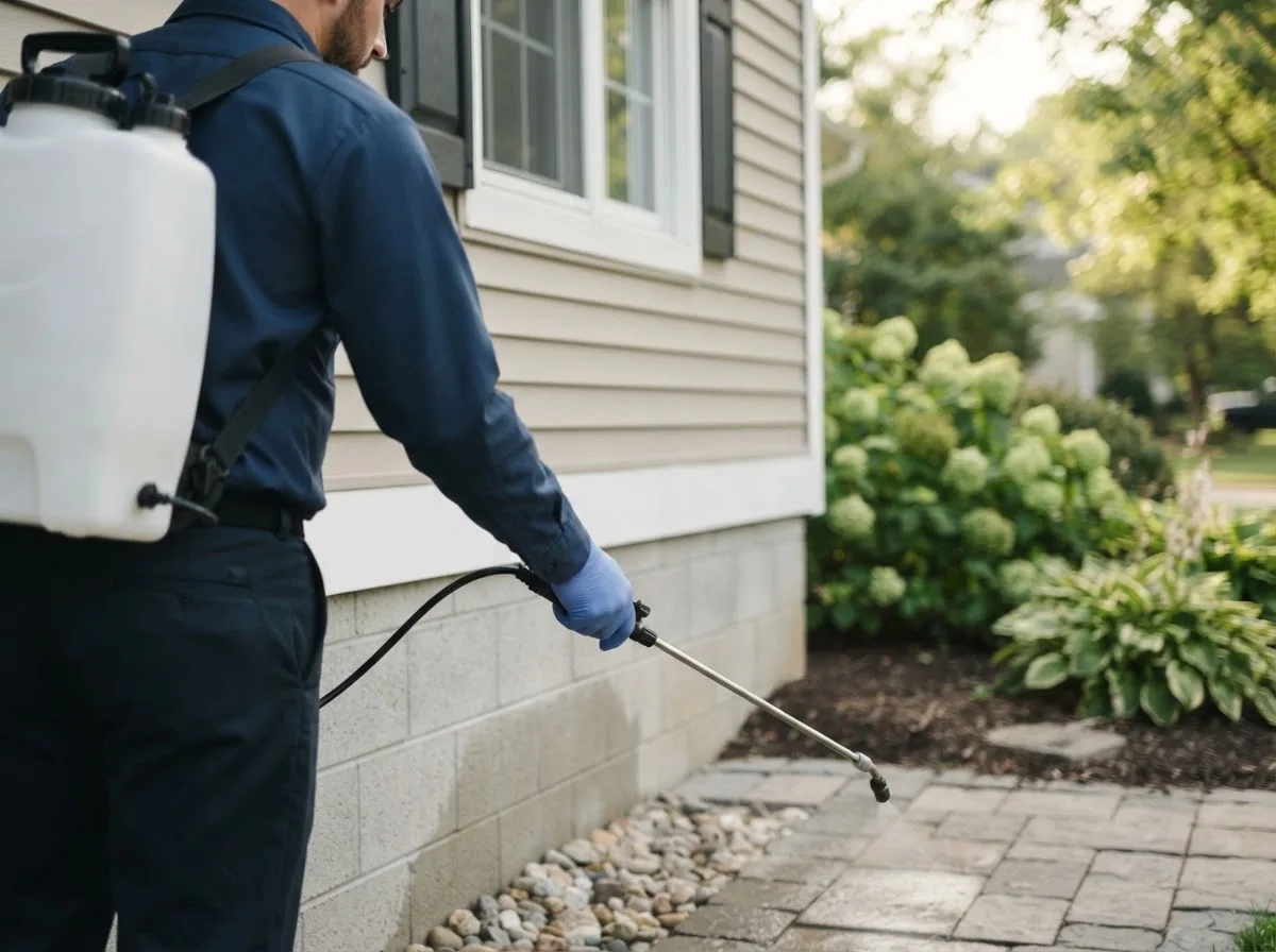 Pest control technician inspecting a home in Hampton, IL
